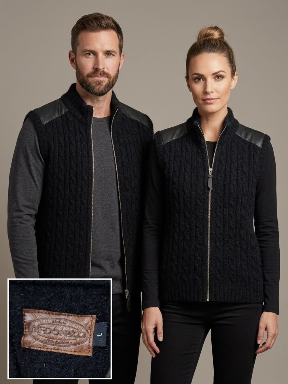 McDonald NZ Possum Merino Cable Knit Leather Trim Zip Vest Black Unisex L